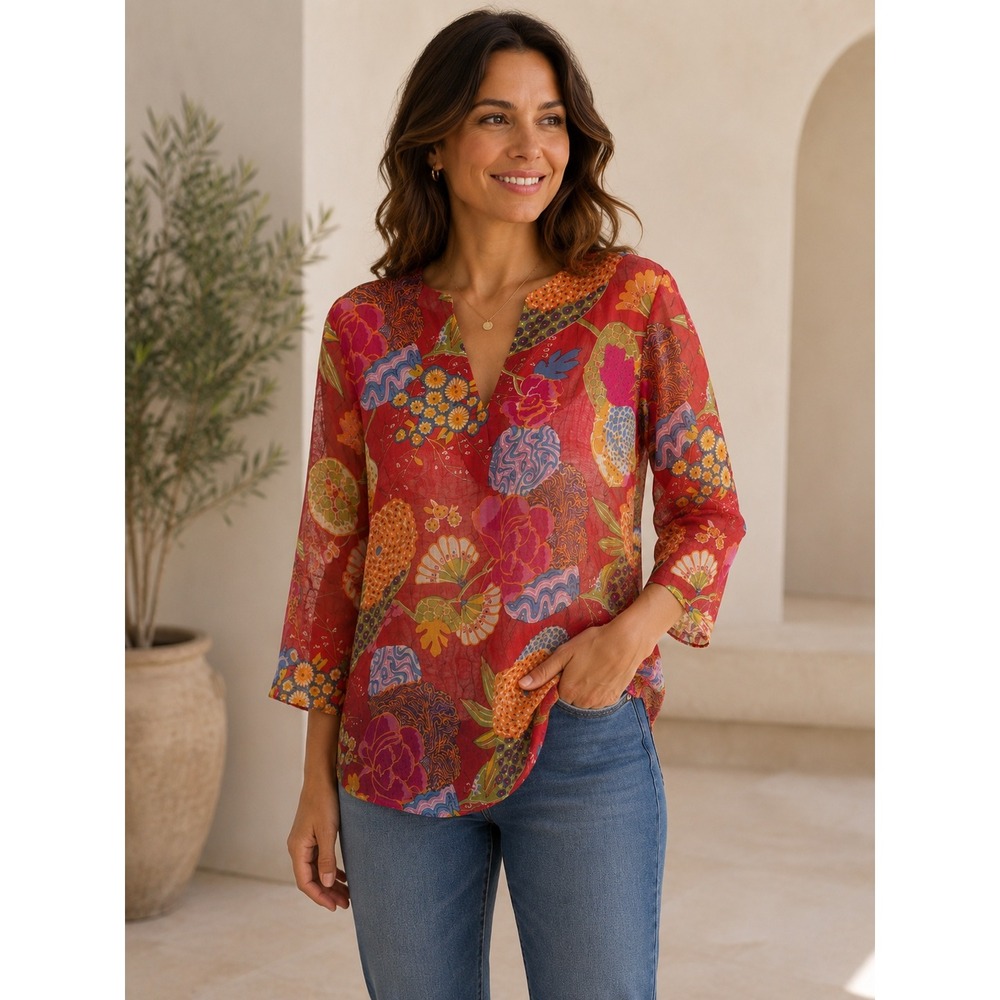 KikiSol Tunic Top Women Medium Red Floral Print Cotton Split Neck 3/4 Sleeve